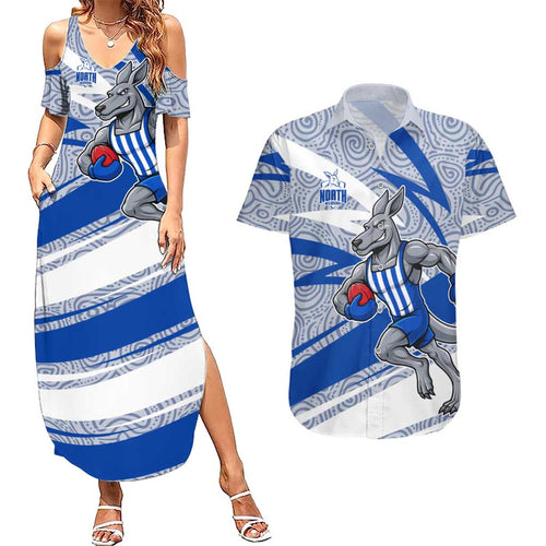 North Melbourne Kangaroos Australian Football Couples Matching Summer Maxi Dress and Hawaiian Shirt Kangaroo Mascot Design With Indigenous Pattern Art