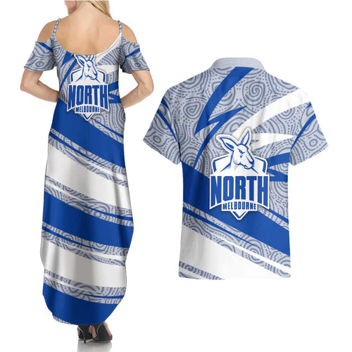 North Melbourne Kangaroos Australian Football Couples Matching Summer Maxi Dress and Hawaiian Shirt Kangaroo Mascot Design With Indigenous Pattern Art