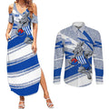 North Melbourne Kangaroos Australian Football Couples Matching Summer Maxi Dress and Long Sleeve Button Shirt Kangaroo Mascot Design With Indigenous Pattern Art