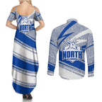North Melbourne Kangaroos Australian Football Couples Matching Summer Maxi Dress and Long Sleeve Button Shirt Kangaroo Mascot Design With Indigenous Pattern Art