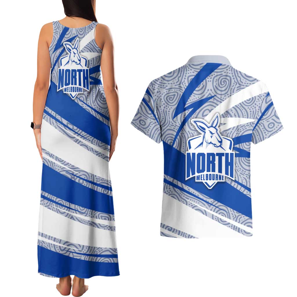 North Melbourne Kangaroos Australian Football Couples Matching Tank Maxi Dress and Hawaiian Shirt Kangaroo Mascot Design With Indigenous Pattern Art