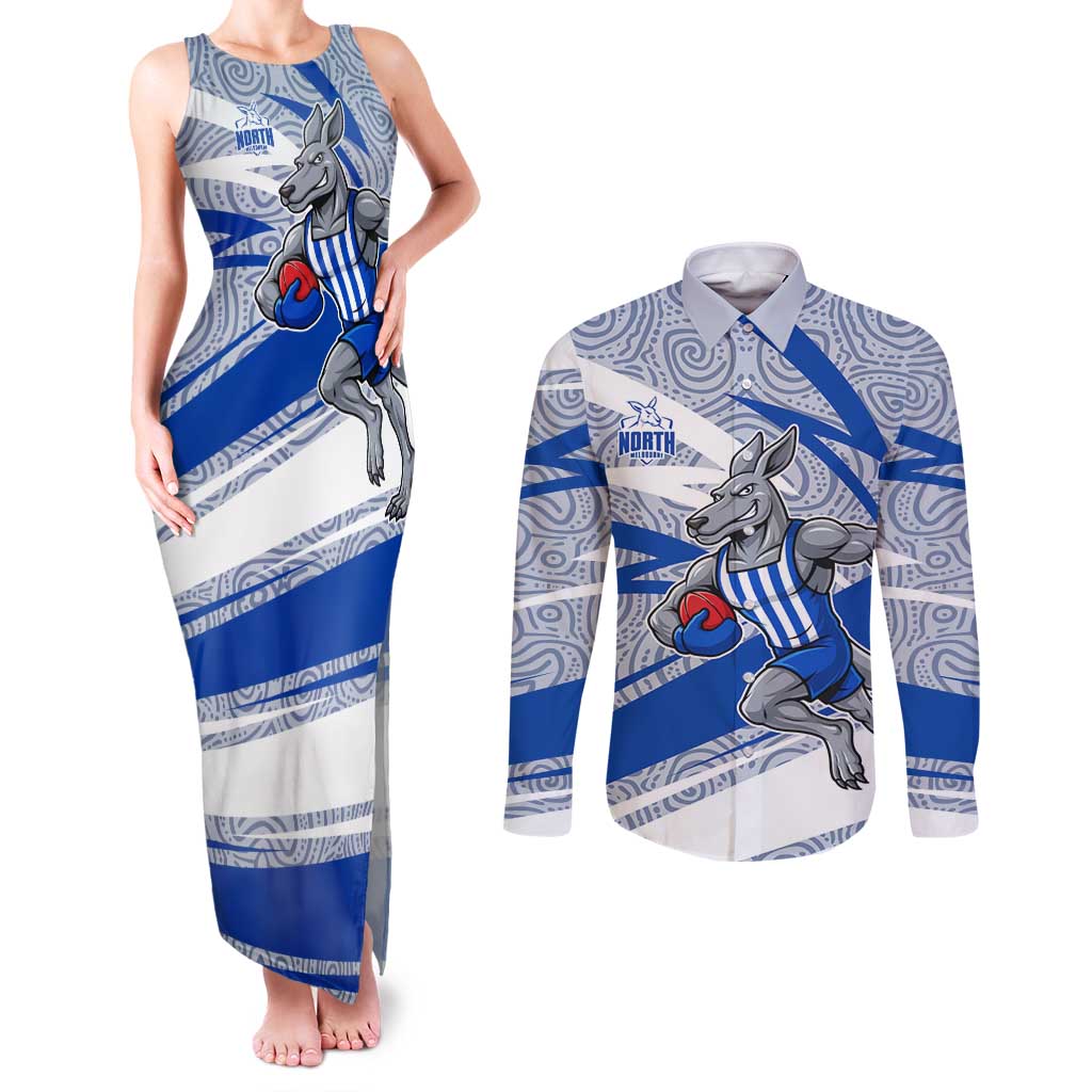 North Melbourne Kangaroos Australian Football Couples Matching Tank Maxi Dress and Long Sleeve Button Shirt Kangaroo Mascot Design With Indigenous Pattern Art