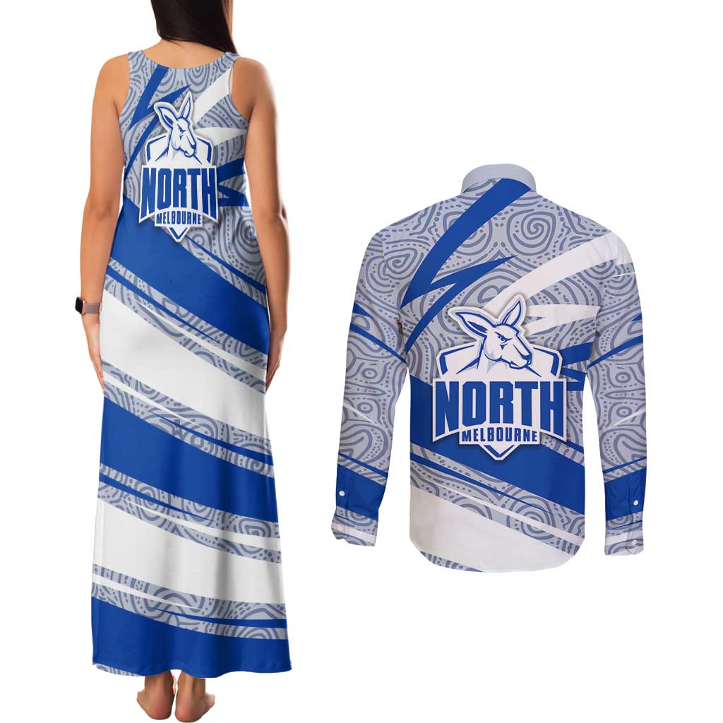 North Melbourne Kangaroos Australian Football Couples Matching Tank Maxi Dress and Long Sleeve Button Shirt Kangaroo Mascot Design With Indigenous Pattern Art