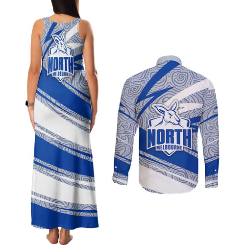 North Melbourne Kangaroos Australian Football Couples Matching Tank Maxi Dress and Long Sleeve Button Shirt Kangaroo Mascot Design With Indigenous Pattern Art