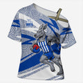 North Melbourne Kangaroos Australian Football Cross Shoulder Shirt Kangaroo Mascot Design With Indigenous Pattern Art