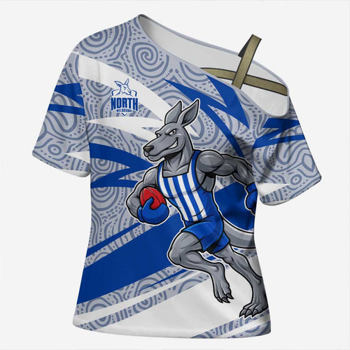 North Melbourne Kangaroos Australian Football Cross Shoulder Shirt Kangaroo Mascot Design With Indigenous Pattern Art