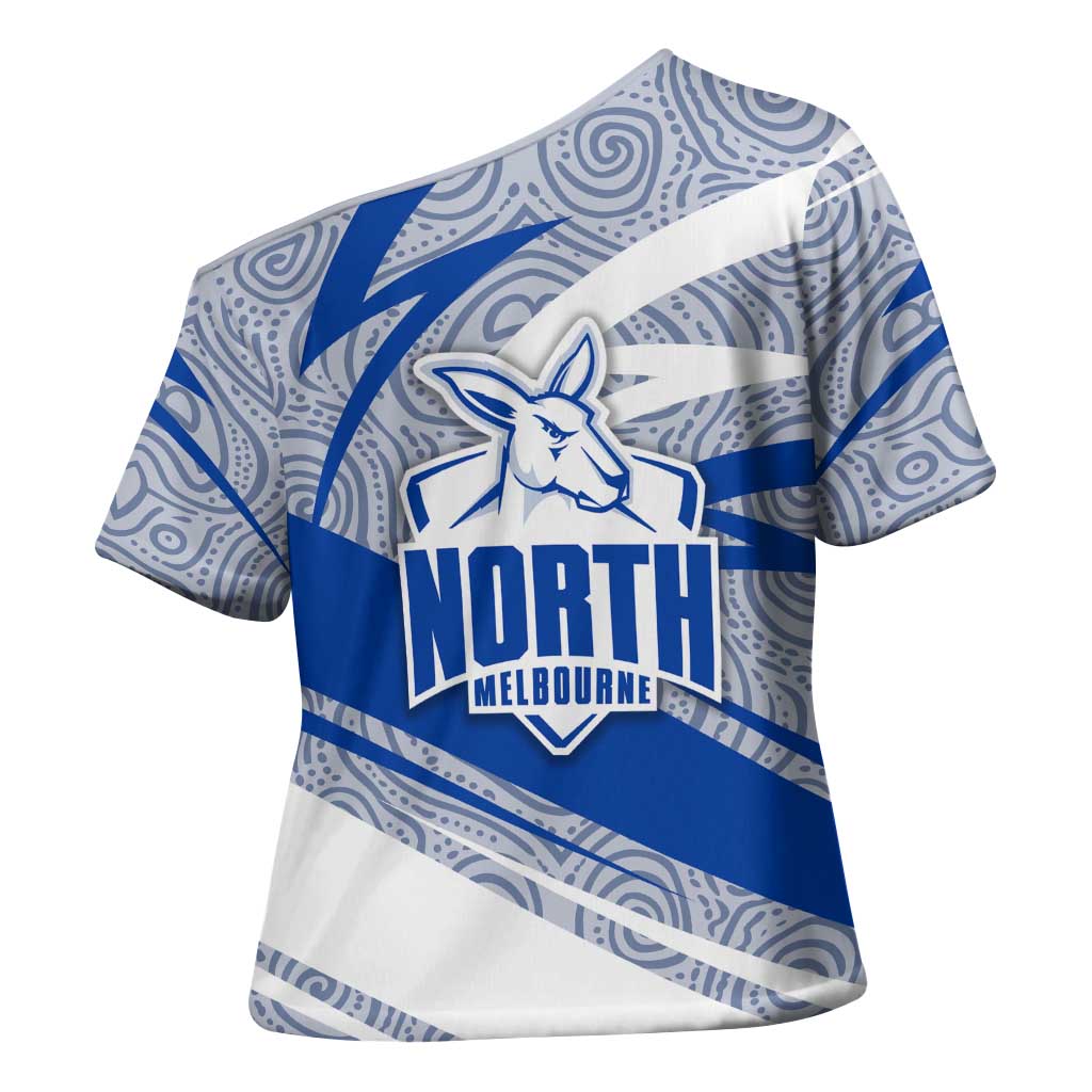 North Melbourne Kangaroos Australian Football Cross Shoulder Shirt Kangaroo Mascot Design With Indigenous Pattern Art