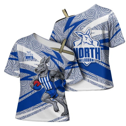 North Melbourne Kangaroos Australian Football Cross Shoulder Shirt Kangaroo Mascot Design With Indigenous Pattern Art