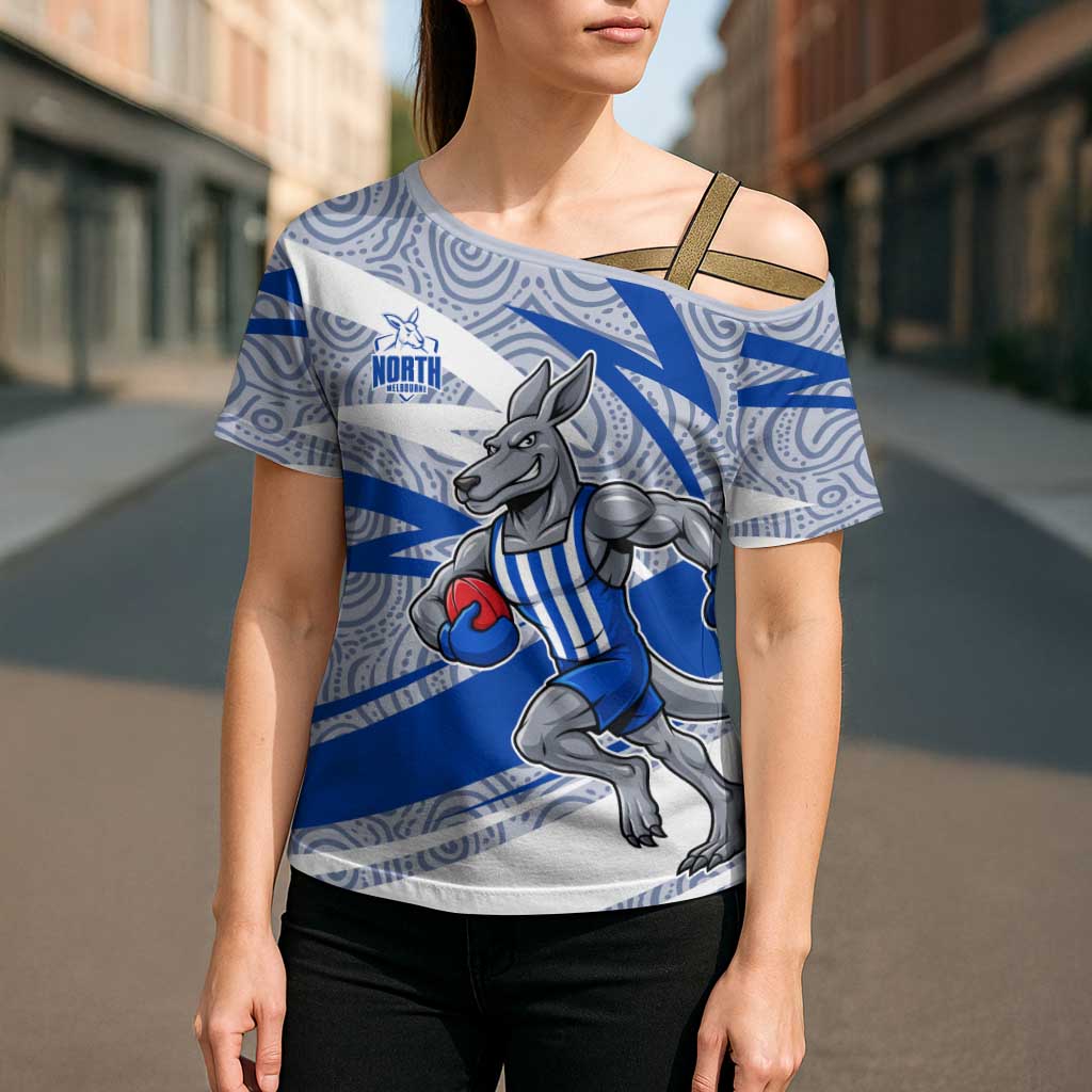 North Melbourne Kangaroos Australian Football Cross Shoulder Shirt Kangaroo Mascot Design With Indigenous Pattern Art