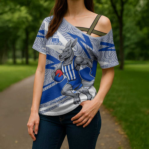 North Melbourne Kangaroos Australian Football Cross Shoulder Shirt Kangaroo Mascot Design With Indigenous Pattern Art