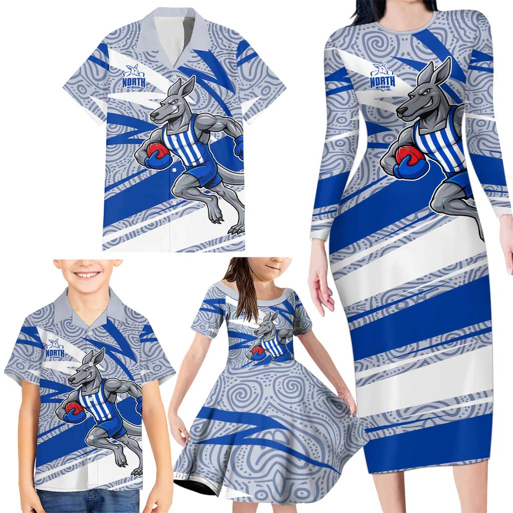 North Melbourne Kangaroos Australian Football Family Matching Long Sleeve Bodycon Dress and Hawaiian Shirt Kangaroo Mascot Design With Indigenous Pattern Art