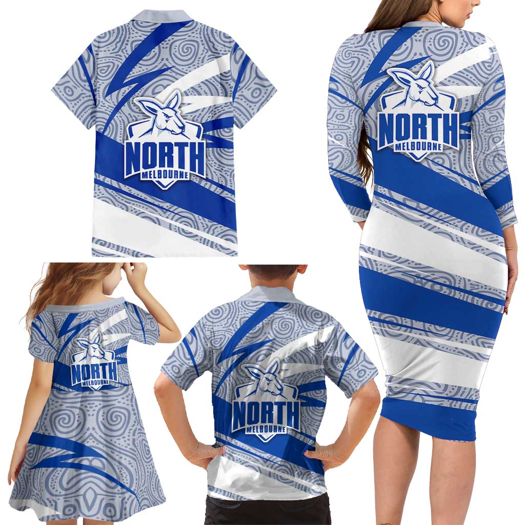 North Melbourne Kangaroos Australian Football Family Matching Long Sleeve Bodycon Dress and Hawaiian Shirt Kangaroo Mascot Design With Indigenous Pattern Art