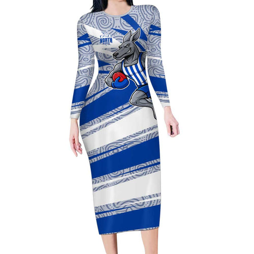 North Melbourne Kangaroos Australian Football Family Matching Long Sleeve Bodycon Dress and Hawaiian Shirt Kangaroo Mascot Design With Indigenous Pattern Art