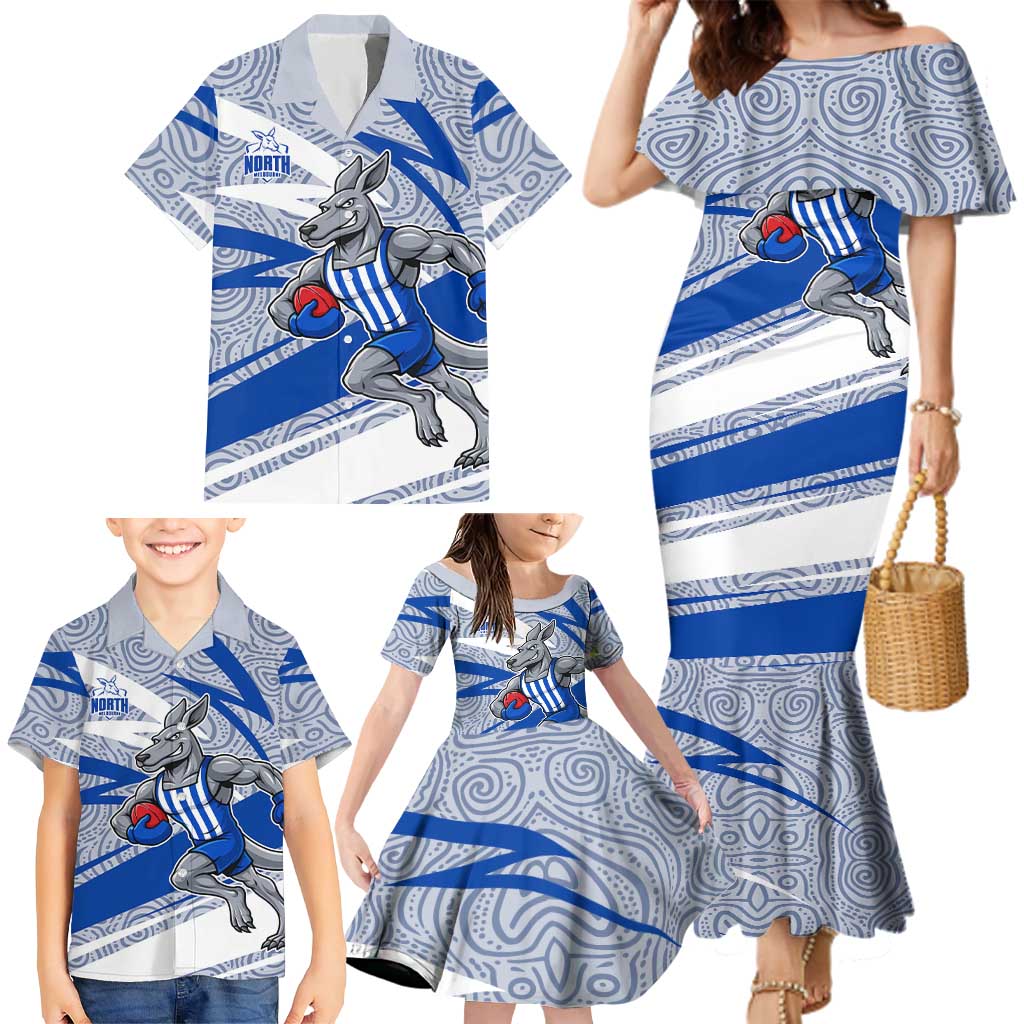 North Melbourne Kangaroos Australian Football Family Matching Mermaid Dress and Hawaiian Shirt Kangaroo Mascot Design With Indigenous Pattern Art