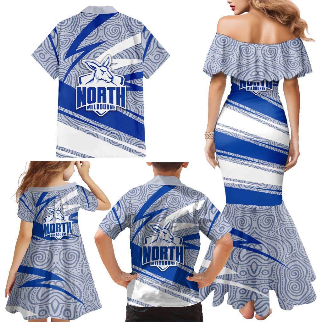 North Melbourne Kangaroos Australian Football Family Matching Mermaid Dress and Hawaiian Shirt Kangaroo Mascot Design With Indigenous Pattern Art
