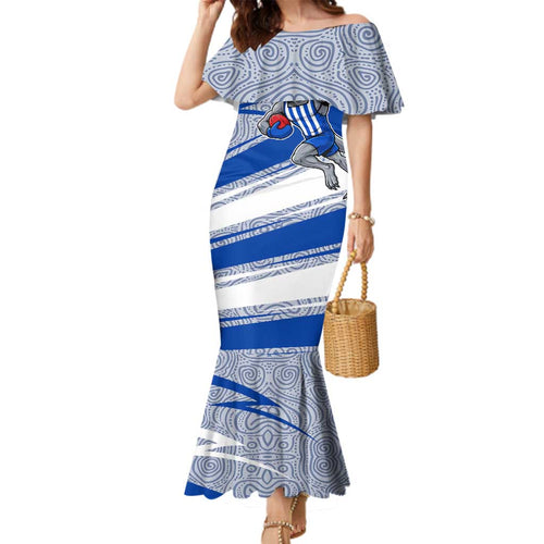 North Melbourne Kangaroos Australian Football Family Matching Mermaid Dress and Hawaiian Shirt Kangaroo Mascot Design With Indigenous Pattern Art
