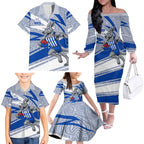 North Melbourne Kangaroos Australian Football Family Matching Off The Shoulder Long Sleeve Dress and Hawaiian Shirt Kangaroo Mascot Design With Indigenous Pattern Art