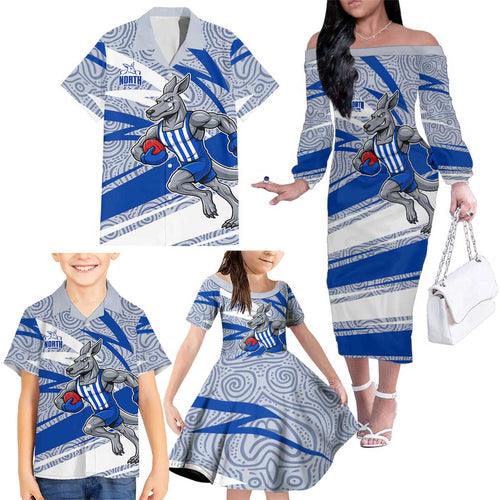 North Melbourne Kangaroos Australian Football Family Matching Off The Shoulder Long Sleeve Dress and Hawaiian Shirt Kangaroo Mascot Design With Indigenous Pattern Art