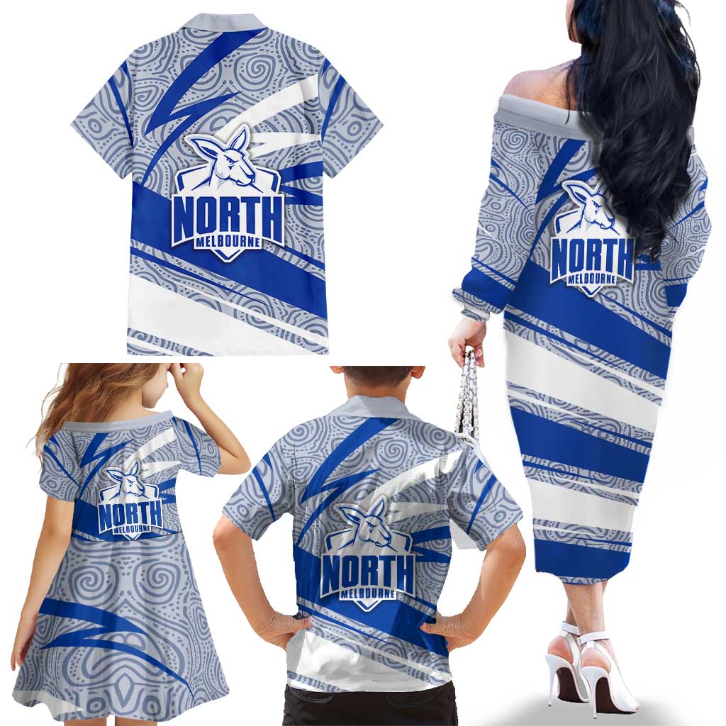 North Melbourne Kangaroos Australian Football Family Matching Off The Shoulder Long Sleeve Dress and Hawaiian Shirt Kangaroo Mascot Design With Indigenous Pattern Art