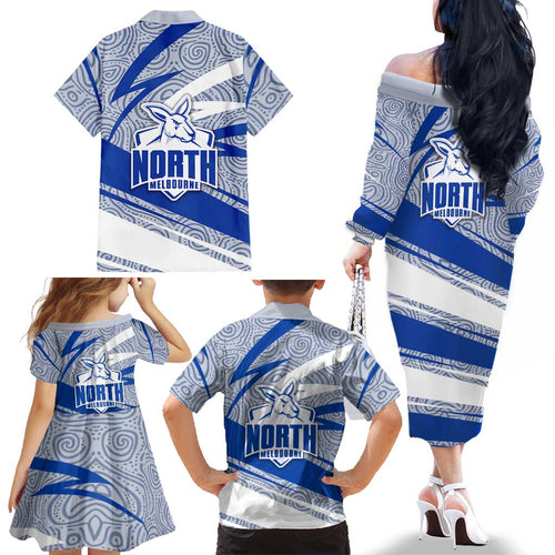 North Melbourne Kangaroos Australian Football Family Matching Off The Shoulder Long Sleeve Dress and Hawaiian Shirt Kangaroo Mascot Design With Indigenous Pattern Art