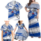 North Melbourne Kangaroos Australian Football Family Matching Off Shoulder Maxi Dress and Hawaiian Shirt Kangaroo Mascot Design With Indigenous Pattern Art