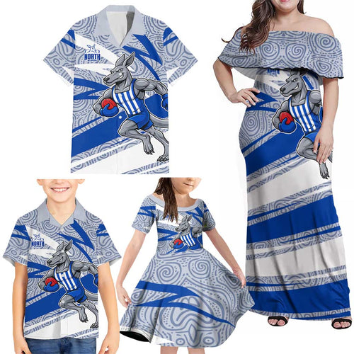 North Melbourne Kangaroos Australian Football Family Matching Off Shoulder Maxi Dress and Hawaiian Shirt Kangaroo Mascot Design With Indigenous Pattern Art