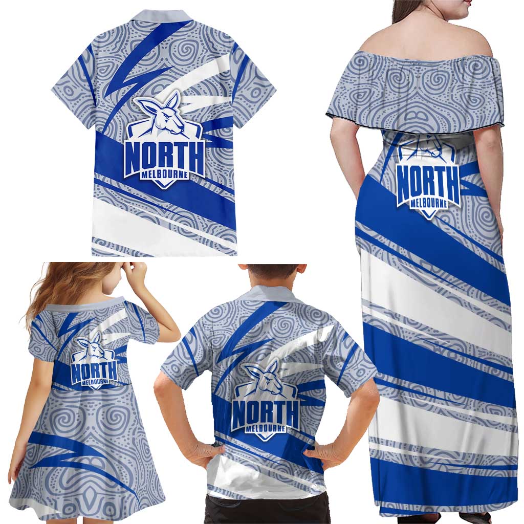 North Melbourne Kangaroos Australian Football Family Matching Off Shoulder Maxi Dress and Hawaiian Shirt Kangaroo Mascot Design With Indigenous Pattern Art