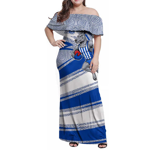 North Melbourne Kangaroos Australian Football Family Matching Off Shoulder Maxi Dress and Hawaiian Shirt Kangaroo Mascot Design With Indigenous Pattern Art