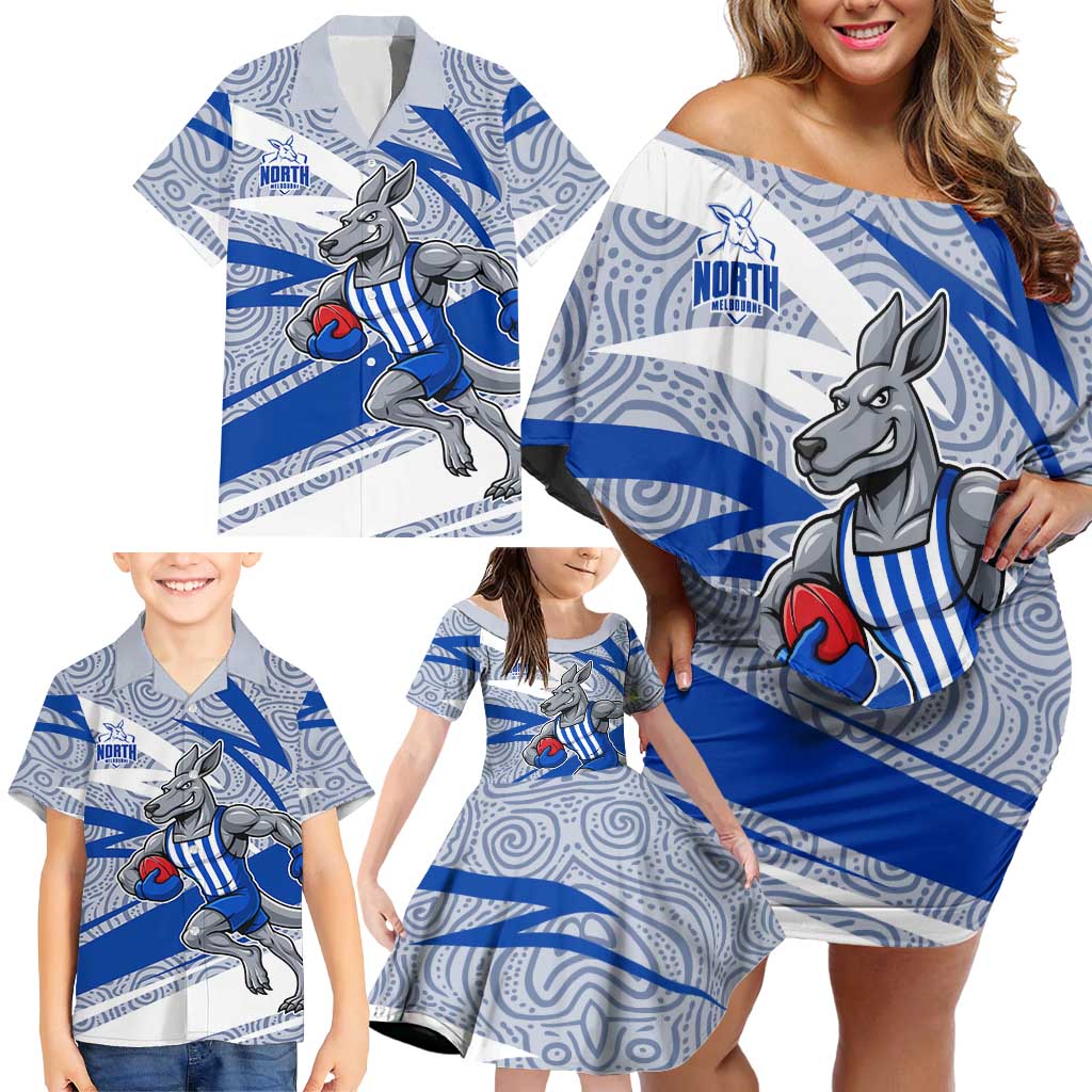 North Melbourne Kangaroos Australian Football Family Matching Off Shoulder Short Dress and Hawaiian Shirt Kangaroo Mascot Design With Indigenous Pattern Art