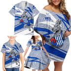 North Melbourne Kangaroos Australian Football Family Matching Off Shoulder Short Dress and Hawaiian Shirt Kangaroo Mascot Design With Indigenous Pattern Art