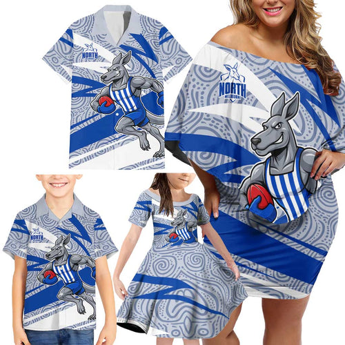 North Melbourne Kangaroos Australian Football Family Matching Off Shoulder Short Dress and Hawaiian Shirt Kangaroo Mascot Design With Indigenous Pattern Art