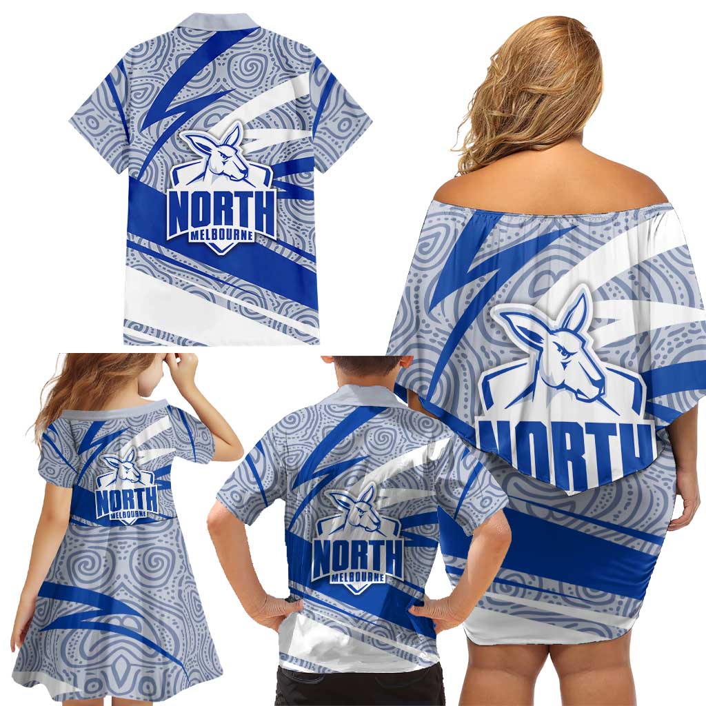 North Melbourne Kangaroos Australian Football Family Matching Off Shoulder Short Dress and Hawaiian Shirt Kangaroo Mascot Design With Indigenous Pattern Art