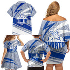 North Melbourne Kangaroos Australian Football Family Matching Off Shoulder Short Dress and Hawaiian Shirt Kangaroo Mascot Design With Indigenous Pattern Art