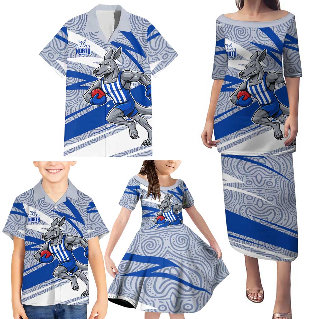 North Melbourne Kangaroos Australian Football Family Matching Puletasi and Hawaiian Shirt Kangaroo Mascot Design With Indigenous Pattern Art