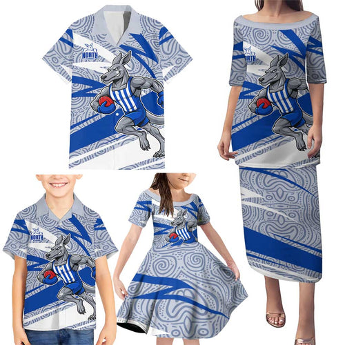 North Melbourne Kangaroos Australian Football Family Matching Puletasi and Hawaiian Shirt Kangaroo Mascot Design With Indigenous Pattern Art