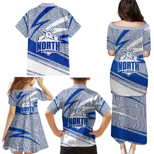 North Melbourne Kangaroos Australian Football Family Matching Puletasi and Hawaiian Shirt Kangaroo Mascot Design With Indigenous Pattern Art
