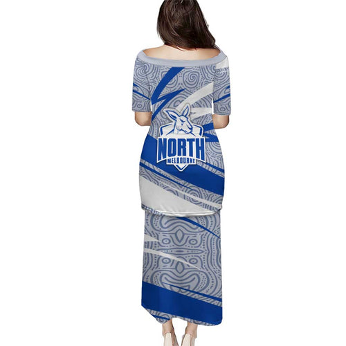 North Melbourne Kangaroos Australian Football Family Matching Puletasi and Hawaiian Shirt Kangaroo Mascot Design With Indigenous Pattern Art