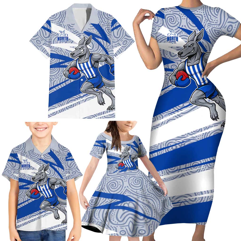 North Melbourne Kangaroos Australian Football Family Matching Short Sleeve Bodycon Dress and Hawaiian Shirt Kangaroo Mascot Design With Indigenous Pattern Art