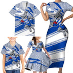 North Melbourne Kangaroos Australian Football Family Matching Short Sleeve Bodycon Dress and Hawaiian Shirt Kangaroo Mascot Design With Indigenous Pattern Art