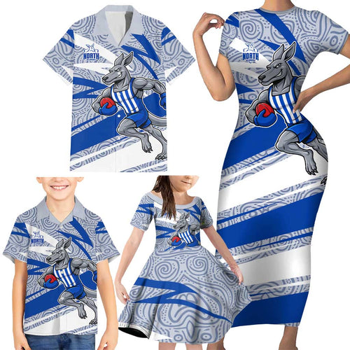 North Melbourne Kangaroos Australian Football Family Matching Short Sleeve Bodycon Dress and Hawaiian Shirt Kangaroo Mascot Design With Indigenous Pattern Art
