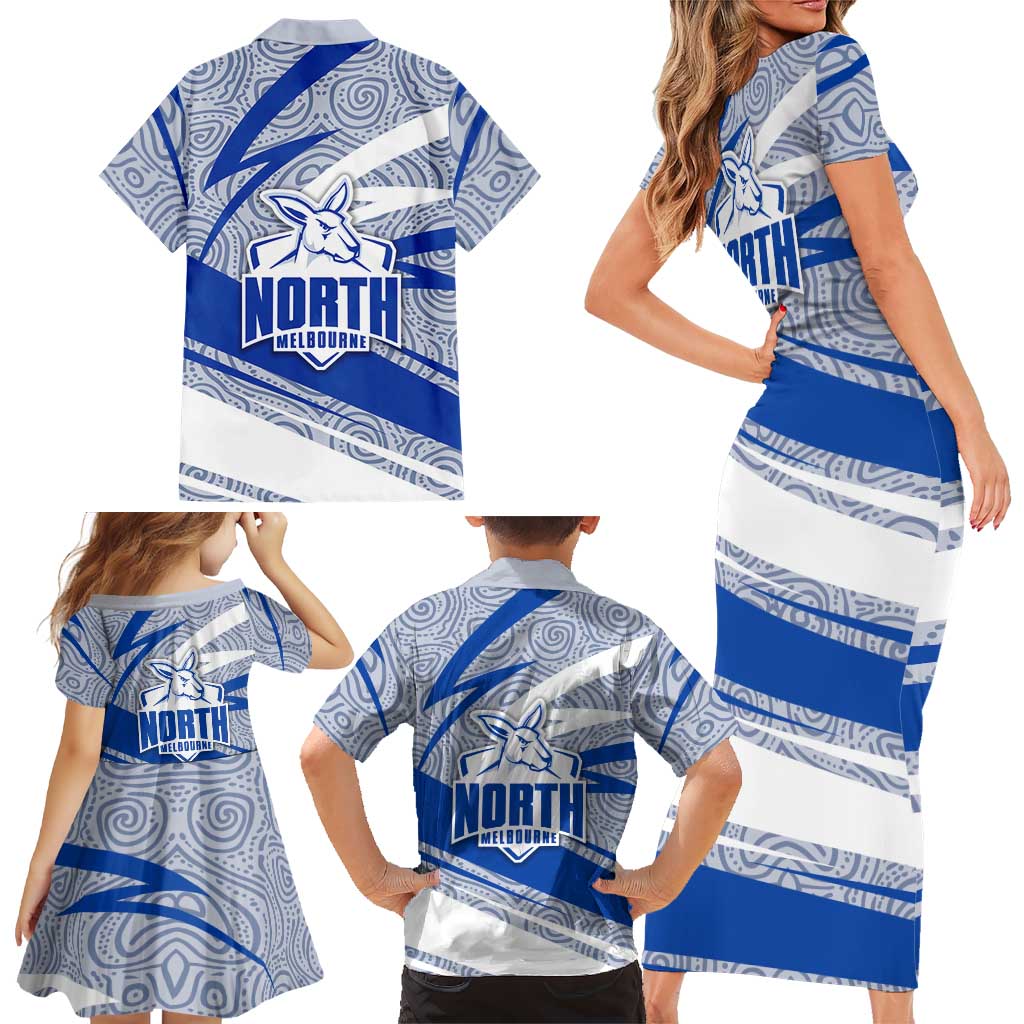 North Melbourne Kangaroos Australian Football Family Matching Short Sleeve Bodycon Dress and Hawaiian Shirt Kangaroo Mascot Design With Indigenous Pattern Art