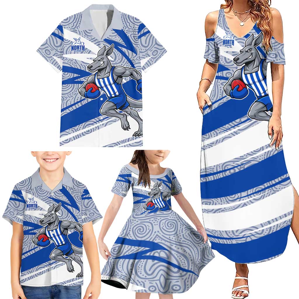 North Melbourne Kangaroos Australian Football Family Matching Summer Maxi Dress and Hawaiian Shirt Kangaroo Mascot Design With Indigenous Pattern Art