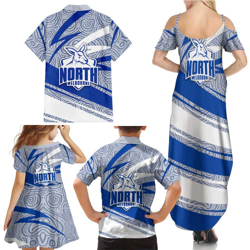 North Melbourne Kangaroos Australian Football Family Matching Summer Maxi Dress and Hawaiian Shirt Kangaroo Mascot Design With Indigenous Pattern Art