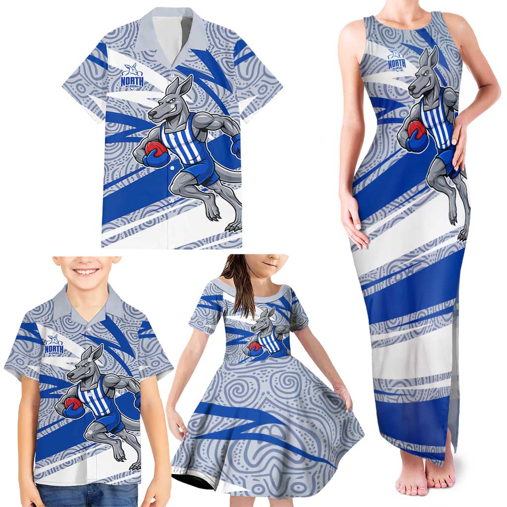 North Melbourne Kangaroos Australian Football Family Matching Tank Maxi Dress and Hawaiian Shirt Kangaroo Mascot Design With Indigenous Pattern Art