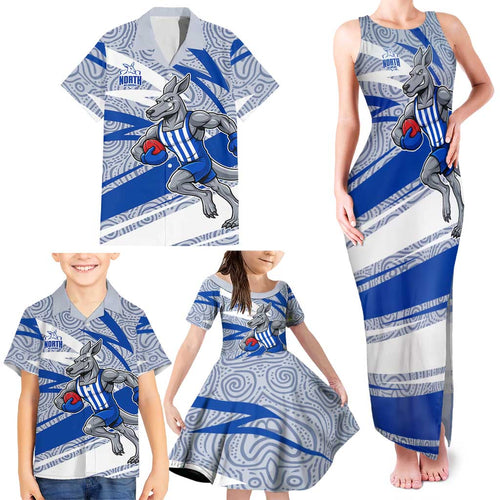 North Melbourne Kangaroos Australian Football Family Matching Tank Maxi Dress and Hawaiian Shirt Kangaroo Mascot Design With Indigenous Pattern Art