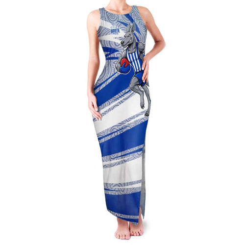North Melbourne Kangaroos Australian Football Family Matching Tank Maxi Dress and Hawaiian Shirt Kangaroo Mascot Design With Indigenous Pattern Art