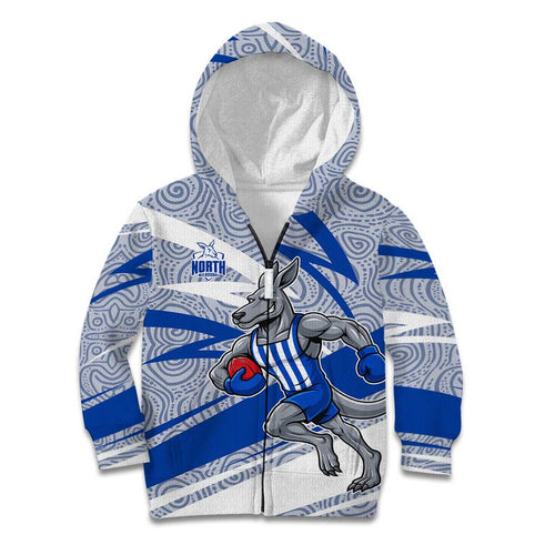 North Melbourne Kangaroos Australian Football Kid Hoodie Kangaroo Mascot Design With Indigenous Pattern Art