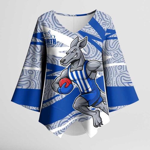 North Melbourne Kangaroos Australian Football Kimono Sleeve Blouse Kangaroo Mascot Design With Indigenous Pattern Art