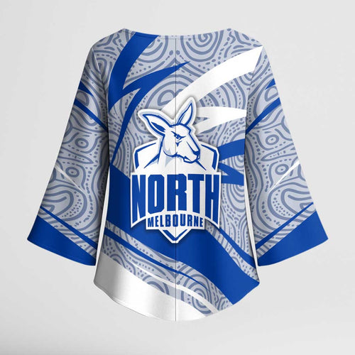 North Melbourne Kangaroos Australian Football Kimono Sleeve Blouse Kangaroo Mascot Design With Indigenous Pattern Art