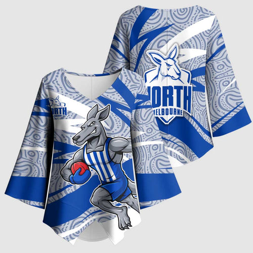North Melbourne Kangaroos Australian Football Kimono Sleeve Blouse Kangaroo Mascot Design With Indigenous Pattern Art